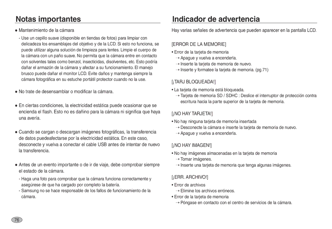 Samsung EC-NV30ZSBA/E1 manual Indicador de advertencia, Mantenimiento de la cámara, La tarjeta de memoria está bloqueada 