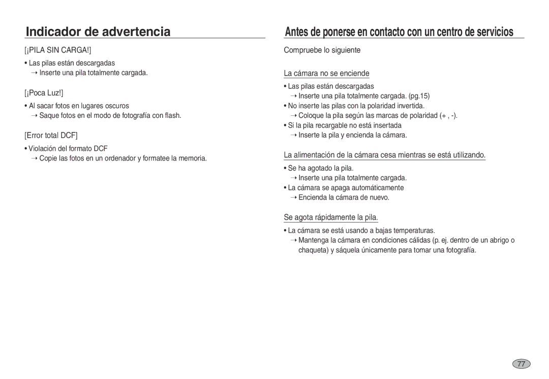 Samsung EC-NV30ZBBA/AS, EC-NV30ZSDA/E3 manual ¡Poca Luz, Error total DCF, Compruebe lo siguiente La cámara no se enciende 