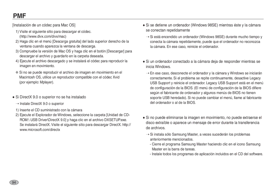 Samsung EC-NV30ZSBA/AS, EC-NV30ZSDA/E3 Instalación de un códec para Mac OS, Si DirectX 9.0 o superior no se ha instalado 