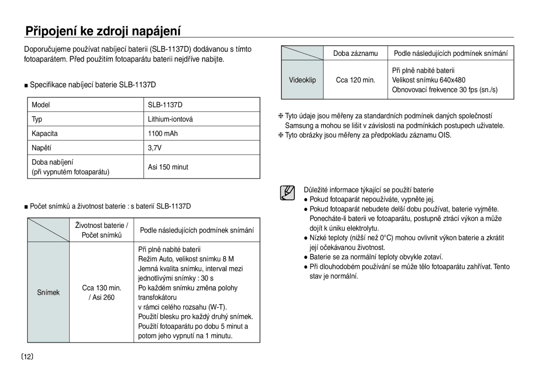 Samsung EC-NV30ZBDA/E3, EC-NV30ZSDA/E3 manual Připojení ke zdroji napájení, Specifikace nabíjecí baterie SLB-1137D 