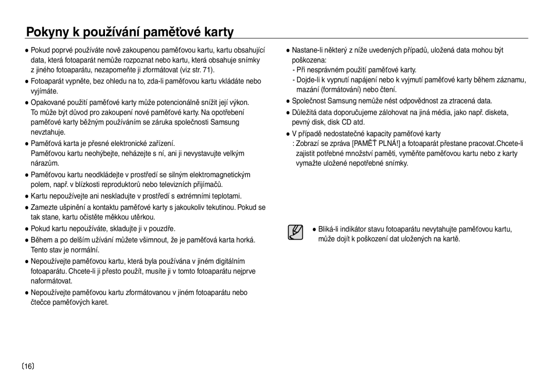 Samsung EC-NV30ZBDA/E3, EC-NV30ZSDA/E3 manual Pokyny k používání paměťové karty 