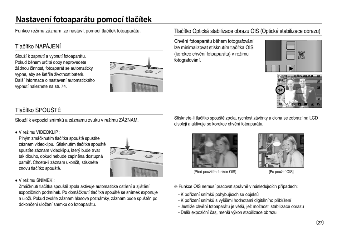 Samsung EC-NV30ZSDA/E3, EC-NV30ZBDA/E3 manual Nastavení fotoaparátu pomocí tlačítek, Tlačítko Napájení, Tlačítko Spouště 