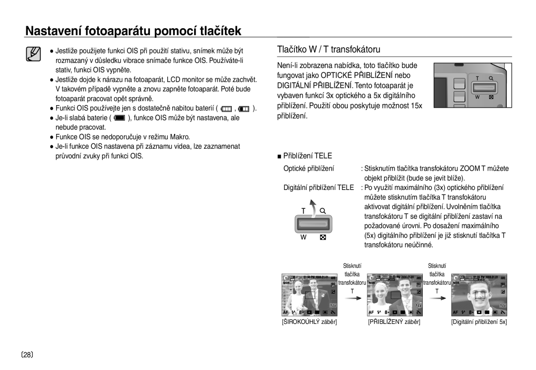 Samsung EC-NV30ZBDA/E3, EC-NV30ZSDA/E3 manual Tlačítko W / T transfokátoru, Přiblížení Tele 