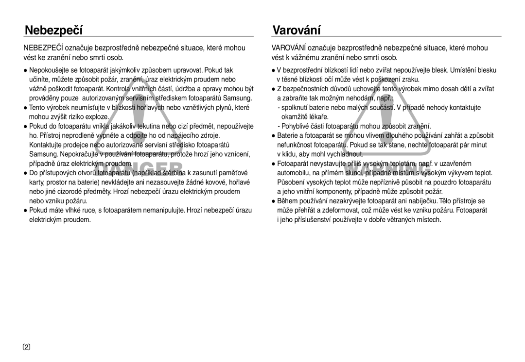 Samsung EC-NV30ZBDA/E3, EC-NV30ZSDA/E3 manual Nebezpečí, Varování 