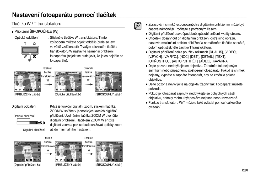 Samsung EC-NV30ZSDA/E3, EC-NV30ZBDA/E3 manual Přiblížení Širokoúhlé W, OHŇOSTROJ, AUTOPORTRÉT, JÍDLO, Kavárna 