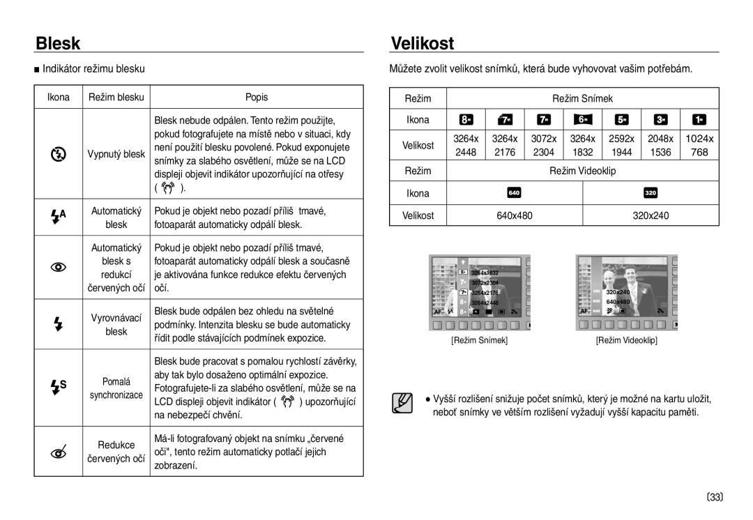 Samsung EC-NV30ZSDA/E3, EC-NV30ZBDA/E3 manual Velikost, Indikátor režimu blesku 