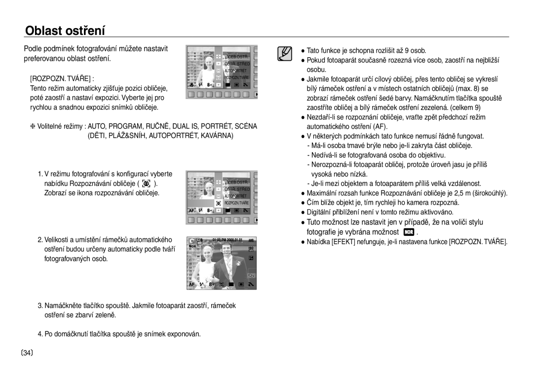 Samsung EC-NV30ZBDA/E3, EC-NV30ZSDA/E3 manual Oblast ostření, ROZPOZN. Tváře 