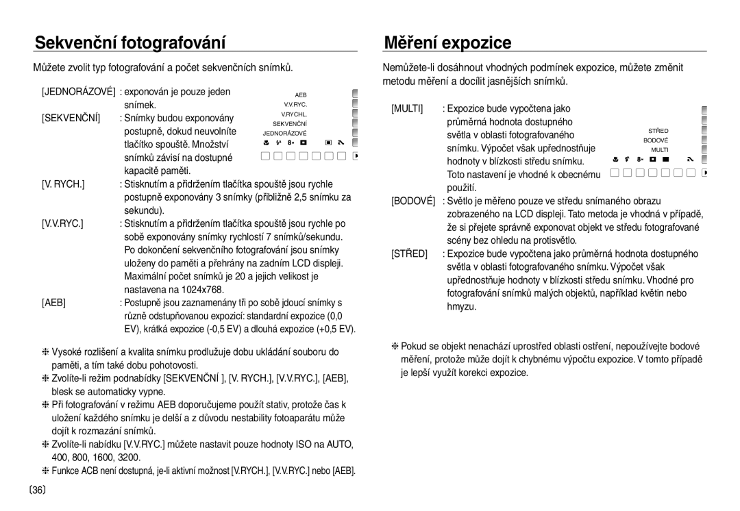 Samsung EC-NV30ZBDA/E3, EC-NV30ZSDA/E3 manual Sekvenční fotografování, Měření expozice 