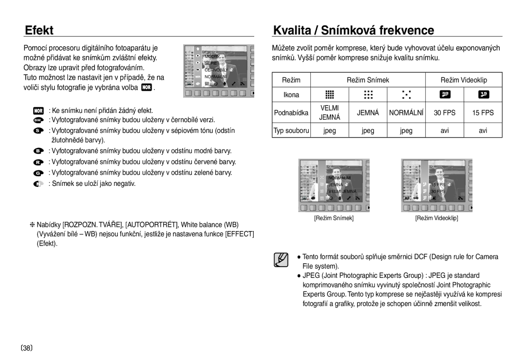 Samsung EC-NV30ZBDA/E3, EC-NV30ZSDA/E3 manual Efekt Kvalita / Snímková frekvence, Režim Snímek Režim Videoklip, Typ souboru 