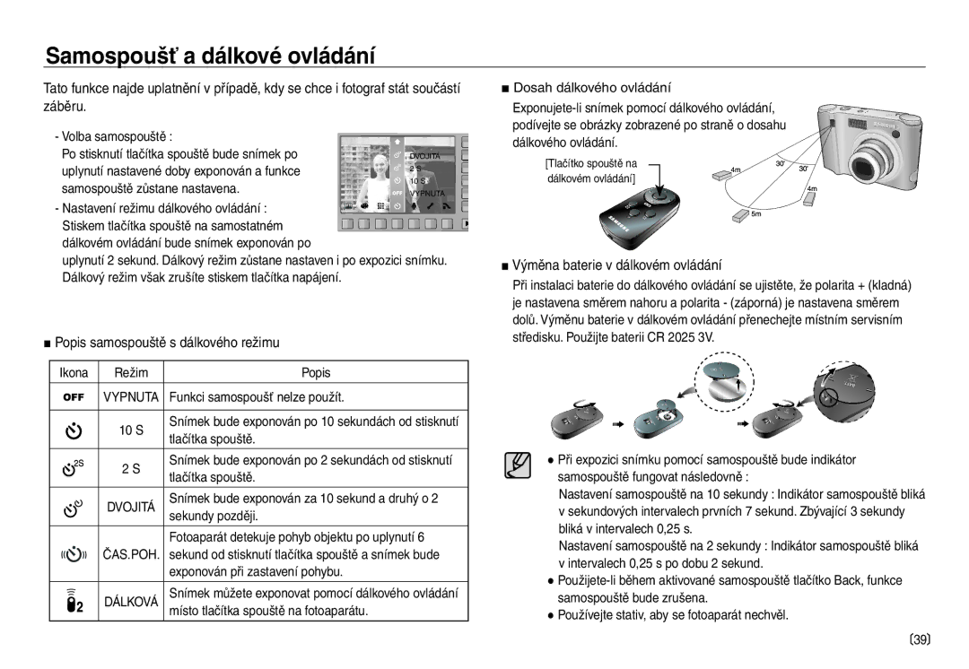 Samsung EC-NV30ZSDA/E3, EC-NV30ZBDA/E3 manual Samospoušť a dálkové ovládání, Popis samospouště s dálkového režimu 