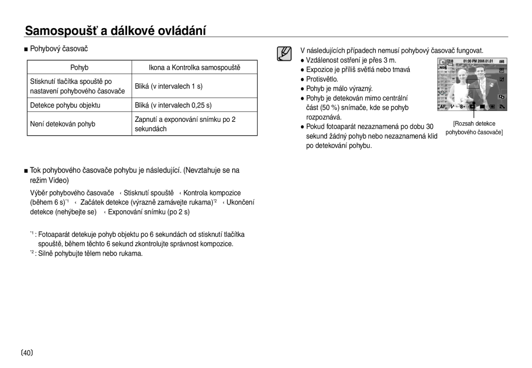 Samsung EC-NV30ZBDA/E3, EC-NV30ZSDA/E3 manual Pohybový časovač, Po detekování pohybu 