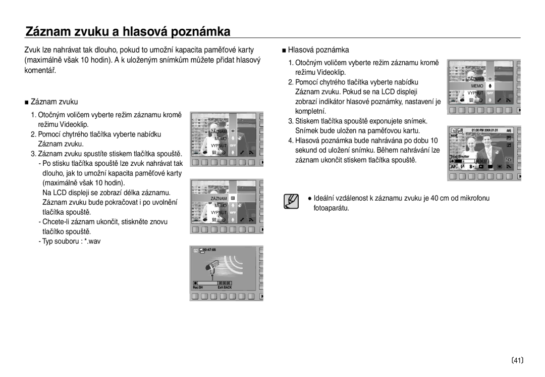 Samsung EC-NV30ZSDA/E3, EC-NV30ZBDA/E3 manual Záznam zvuku a hlasová poznámka, Záznam zvuku. Pokud se na LCD displeji 