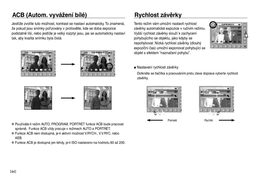 Samsung EC-NV30ZBDA/E3, EC-NV30ZSDA/E3 manual ACB Autom. vyvážení bílé, Rychlost závěrky, Nastavení rychlosti závěrky 