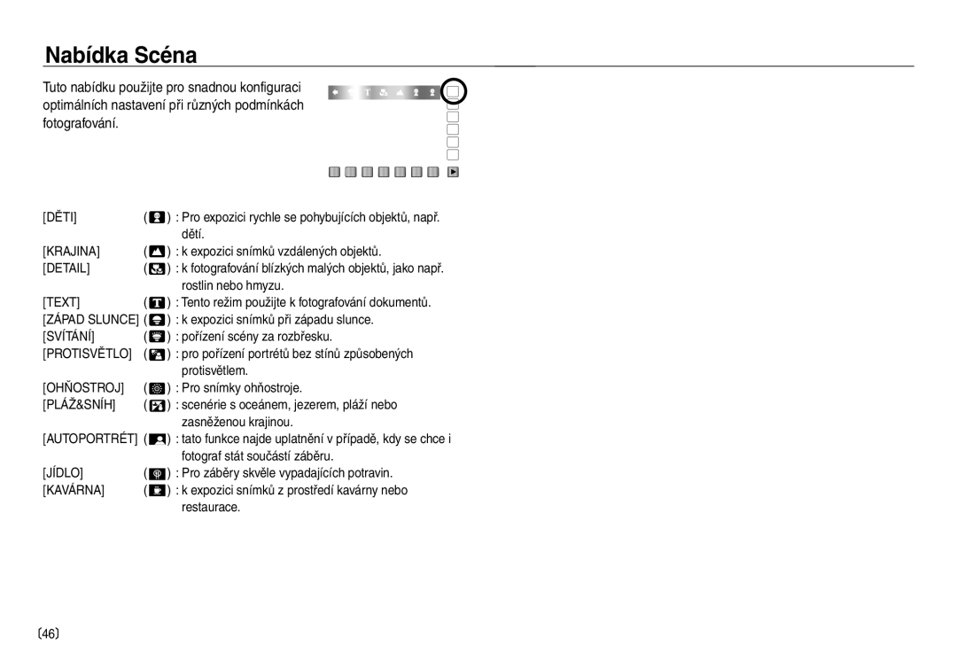 Samsung EC-NV30ZBDA/E3, EC-NV30ZSDA/E3 manual Nabídka Scéna 