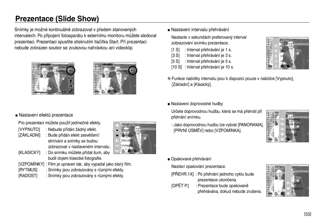 Samsung EC-NV30ZSDA/E3, EC-NV30ZBDA/E3 Prezentace Slide Show, Nastavení intervalu přehrávání, Nastavení efektů prezentace 