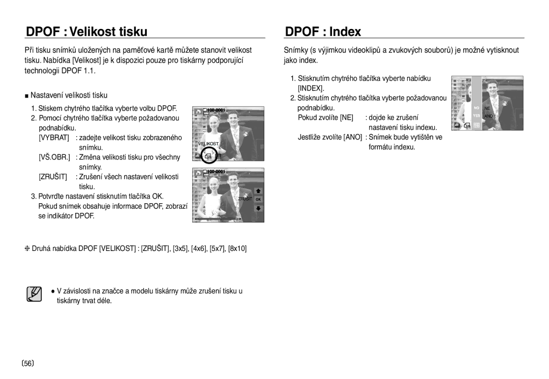 Samsung EC-NV30ZBDA/E3, EC-NV30ZSDA/E3 manual Dpof Velikost tisku, Dpof Index, Vybrat, Vš.Obr, Zrušit 