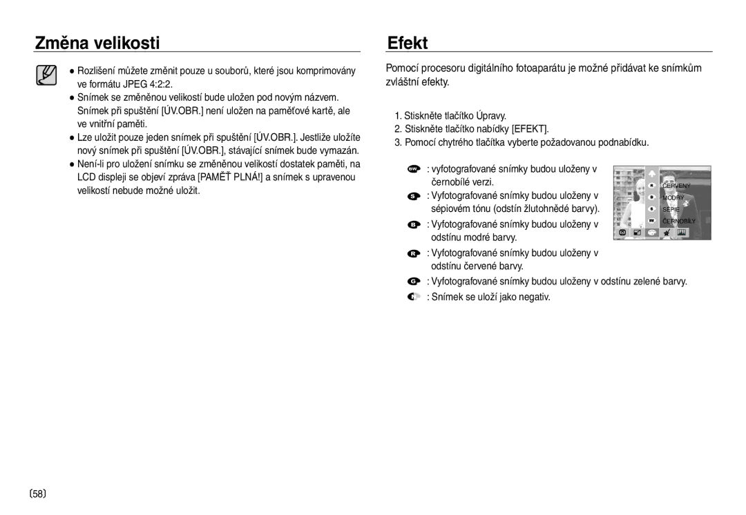 Samsung EC-NV30ZBDA/E3 manual Změna velikosti Efekt, Ve formátu Jpeg, Ve vnitřní paměti, Velikostí nebude možné uložit 