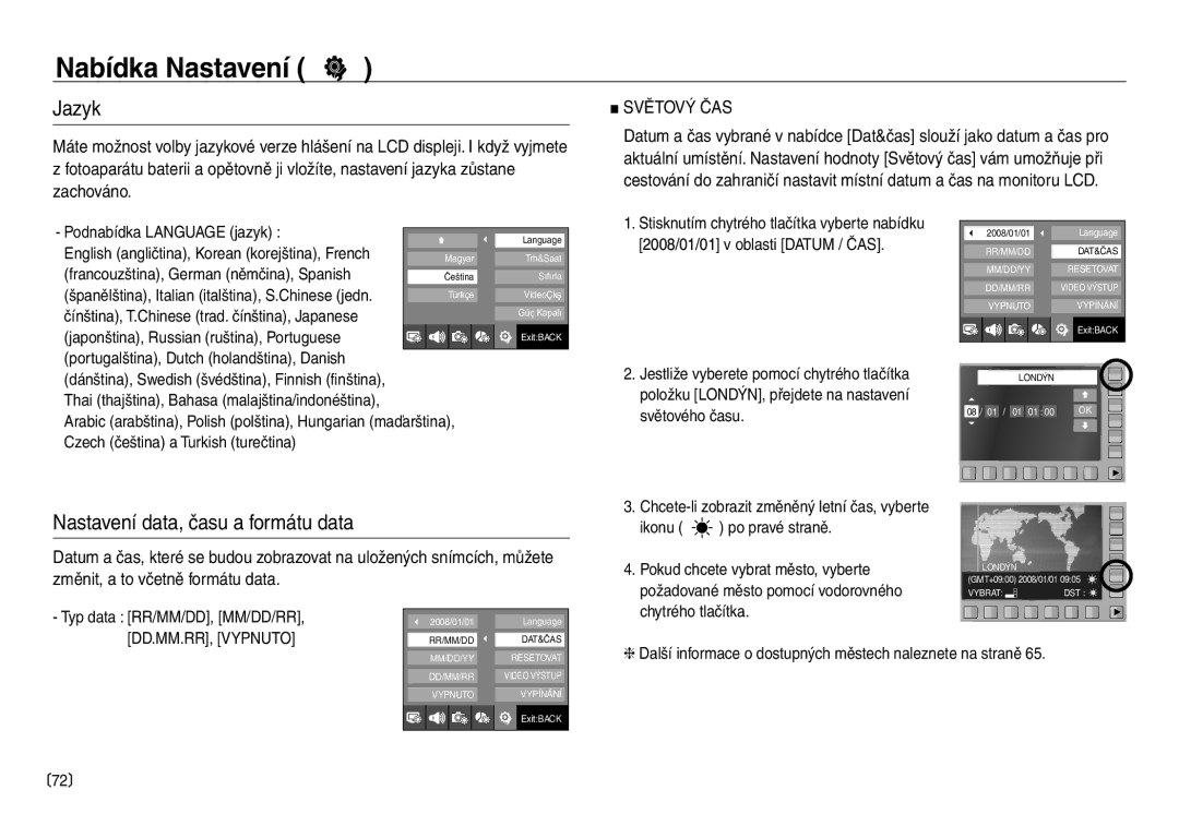 Samsung EC-NV30ZBDA/E3, EC-NV30ZSDA/E3 manual Jazyk, Nastavení data, času a formátu data 