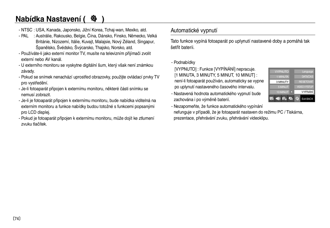 Samsung EC-NV30ZBDA/E3, EC-NV30ZSDA/E3 manual Automatické vypnutí 