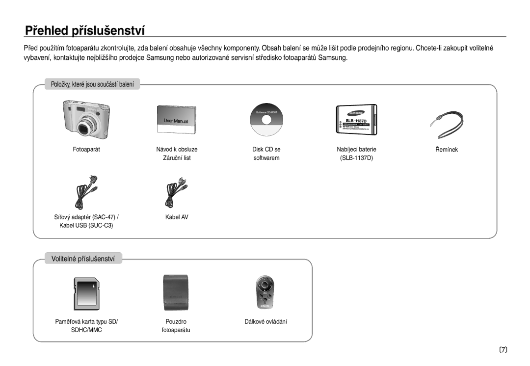 Samsung EC-NV30ZSDA/E3, EC-NV30ZBDA/E3 manual Přehled příslušenství, Volitelné příslušenství 