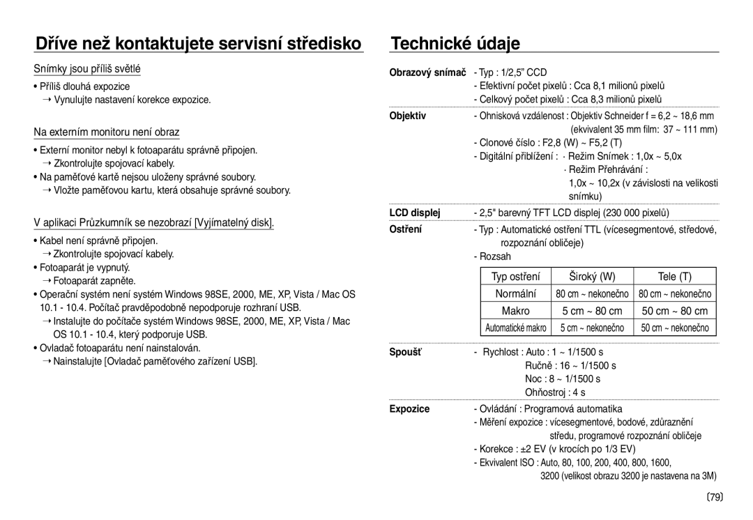 Samsung EC-NV30ZSDA/E3, EC-NV30ZBDA/E3 manual Technické údaje, Snímky jsou příliš světlé, Na externím monitoru není obraz 