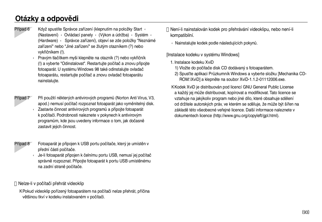 Samsung EC-NV30ZSDA/E3, EC-NV30ZBDA/E3 manual Nelze-li v počítači přehrát videoklip, Instalace kodeku v systému Windows 