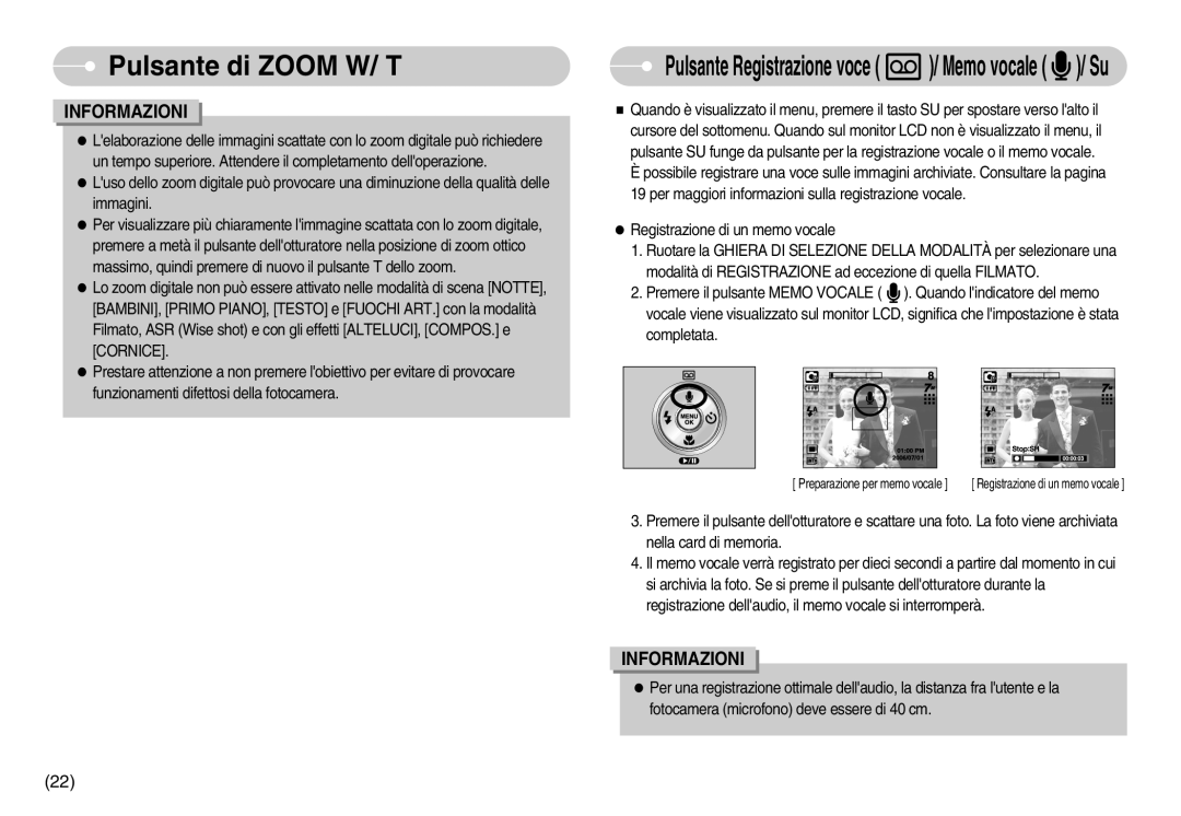 Samsung EC-NV3ZZBBJ/E1, EC-NV3ZZBBC/E2, EC-NV3ZZSBA/E1, EC-NV3ZZBBD/E1 manual Pulsante Registrazione voce / Memo vocale / Su 