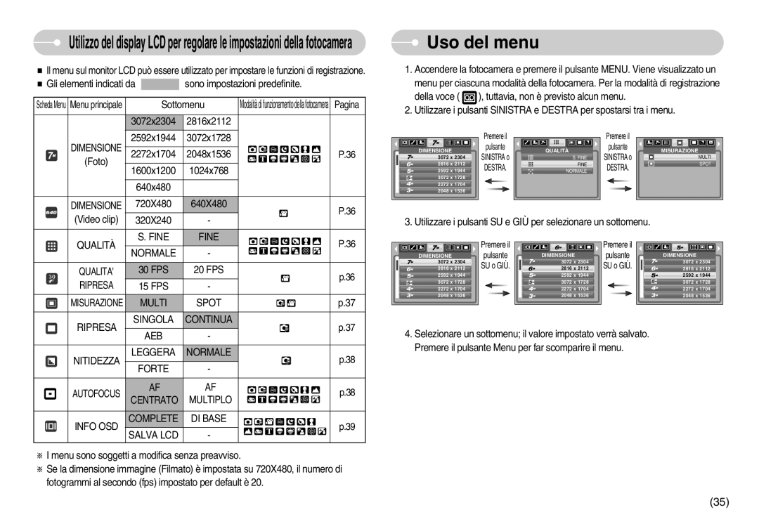 Samsung EC-NV3ZZBBC/E2, EC-NV3ZZSBA/E1, EC-NV3ZZBBD/E1 Uso del menu, Fine Qualità, Multi Spot Ripresa Singola Continua AEB 