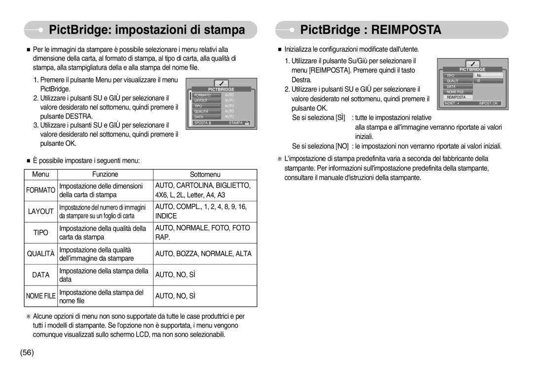 Samsung EC-NV3ZZSBA/DE, EC-NV3ZZBBC/E2, EC-NV3ZZSBA/E1 manual PictBridge impostazioni di stampa, PictBridge Reimposta 