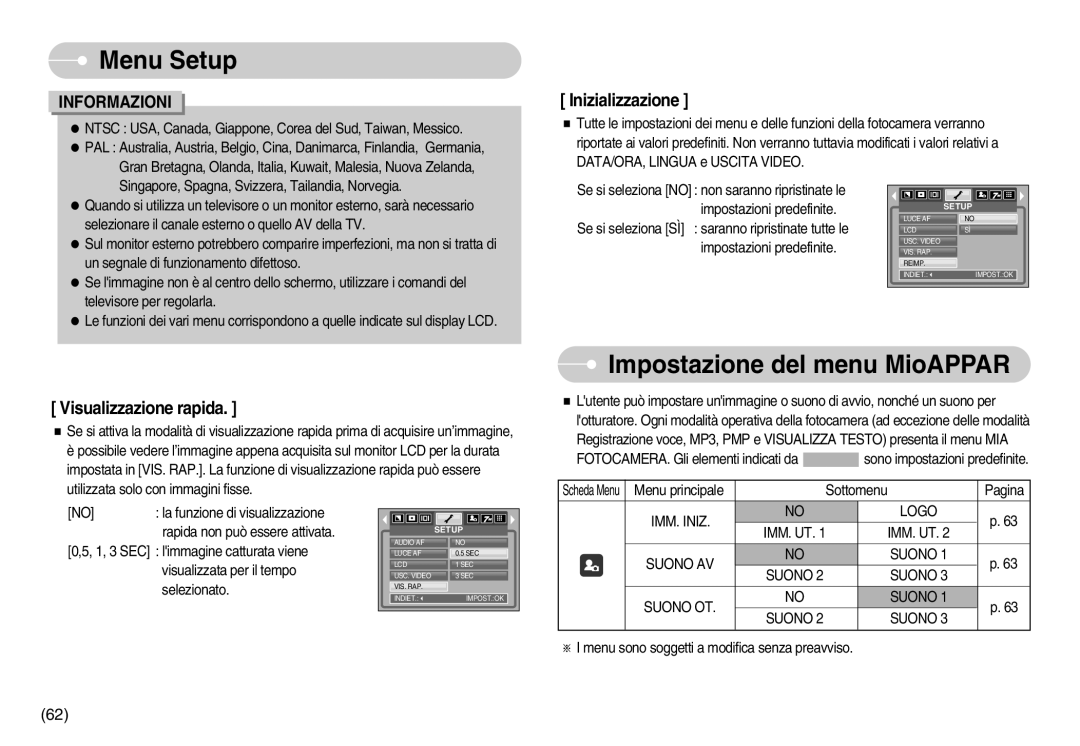 Samsung EC-NV3ZZBBC/E2, EC-NV3ZZSBA/E1, EC-NV3ZZBBD/E1 Impostazione del menu MioAPPAR, IMM. Iniz Logo, Suono AV Suono OT 