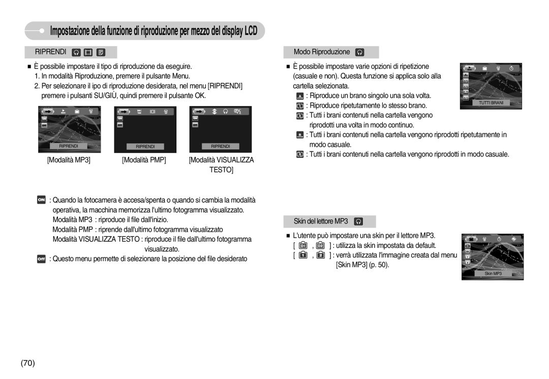 Samsung EC-NV3ZZBBA/IT, EC-NV3ZZBBC/E2, EC-NV3ZZSBA/E1, EC-NV3ZZBBD/E1 manual Modalità MP3 Modalità PMP Modalità Visualizza 