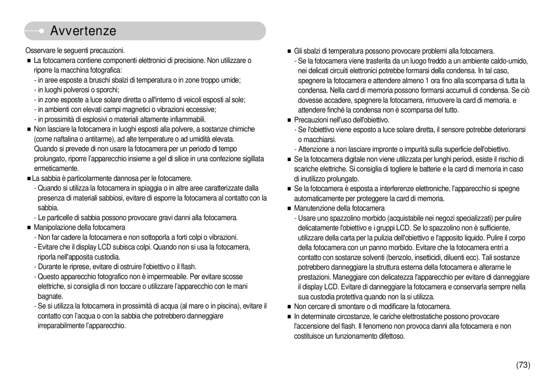 Samsung EC-NV3ZZBBD/E1, EC-NV3ZZBBC/E2, EC-NV3ZZSBA/E1, EC-NV3ZZSBA/DE, EC-NV3ZZSBA/IT, EC-NV3ZZBBJ/E1 manual Avvertenze 