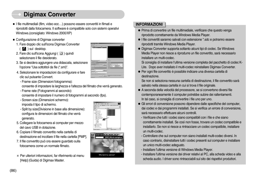 Samsung EC-NV3ZZBBB/IT, EC-NV3ZZBBC/E2, EC-NV3ZZSBA/E1, EC-NV3ZZBBD/E1, EC-NV3ZZSBA/DE, EC-NV3ZZSBA/IT manual Digimax Converter 