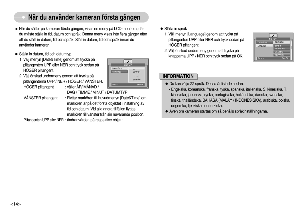 Samsung EC-NV3ZZSBA/E2, EC-NV3ZZBBC/E2 manual När du använder kameran första gången, DAG / Timme / Minut / Datumtyp 