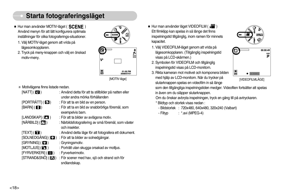 Samsung EC-NV3ZZSBA/E1, EC-NV3ZZBBC/E2 manual Porträtt, Landskap, Närbild, Solnedgång, Gryning, Fyrverkeri, Strand&Snö 