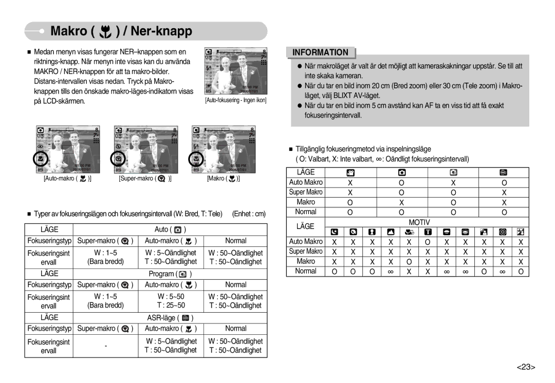 Samsung EC-NV3ZZSBA/E2, EC-NV3ZZBBC/E2, EC-NV3ZZSBA/E1, EC-NV3ZZSBA/DE, EC-NV3ZZBBB/E2 manual Makro / Ner-knapp, Läge Motiv 