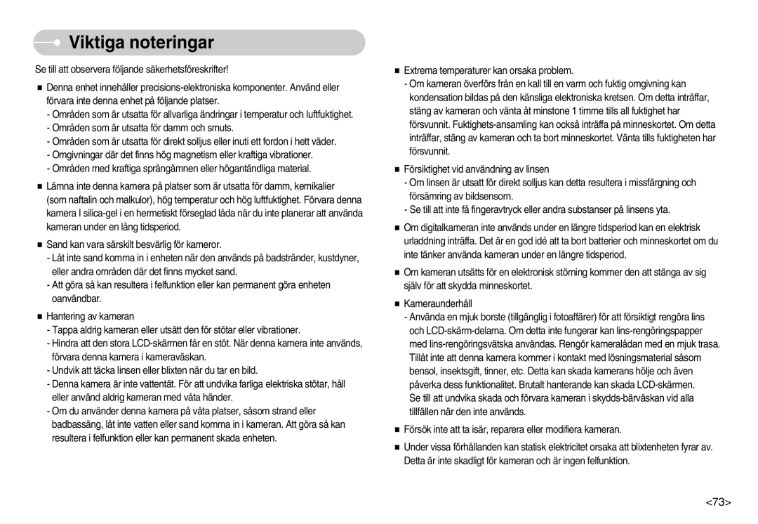 Samsung EC-NV3ZZSBA/DE, EC-NV3ZZBBC/E2, EC-NV3ZZSBA/E1, EC-NV3ZZBBB/E2, EC-NV3ZZBBG/E2, EC-NV3ZZBBA/FI manual Viktiga noteringar 