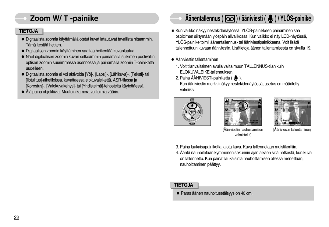 Samsung EC-NV3ZZBBA/FI, EC-NV3ZZBBC/E2, EC-NV3ZZSBA/E1, EC-NV3ZZSBA/DE manual Äänentallennus / ääniviesti / YLÖS-painike 