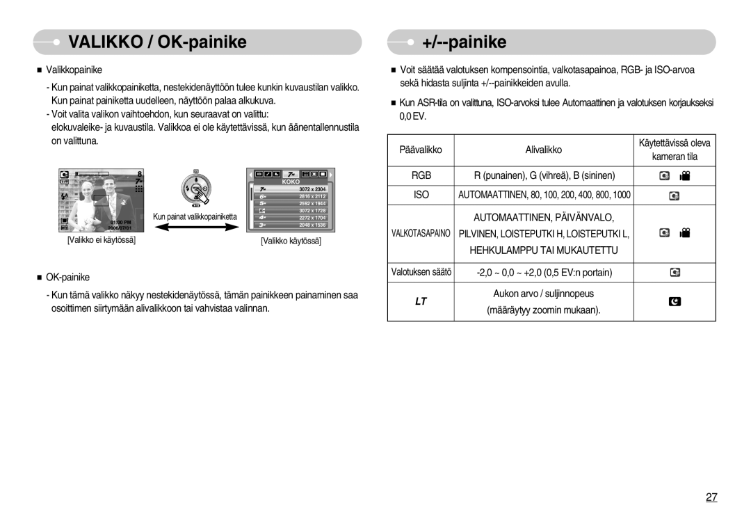 Samsung EC-NV3ZZSBA/E1 manual Valikko / OK-painike, +/--painike, AUTOMAATTINEN, Päivänvalo, Hehkulamppu TAI Mukautettu 