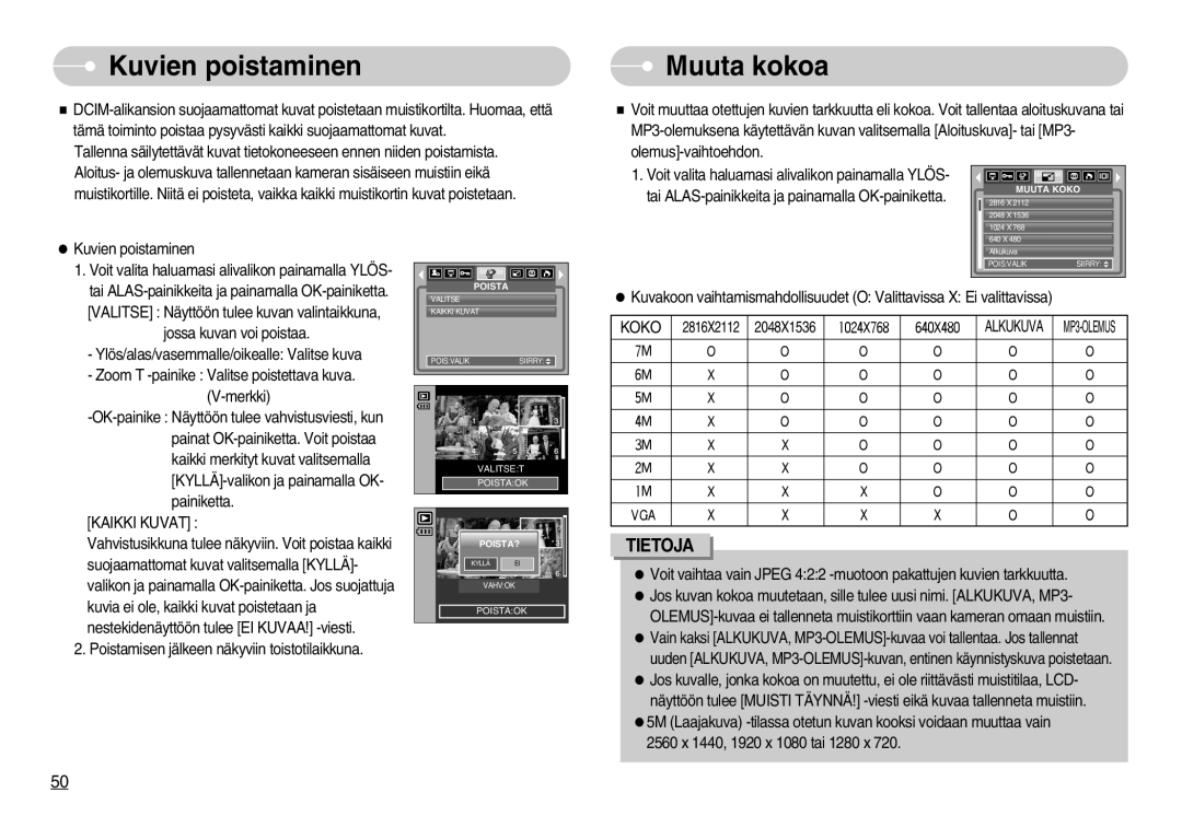 Samsung EC-NV3ZZSBA/E2, EC-NV3ZZBBC/E2, EC-NV3ZZSBA/E1, EC-NV3ZZSBA/DE manual Kuvien poistaminen Muuta kokoa, Kaikki Kuvat 