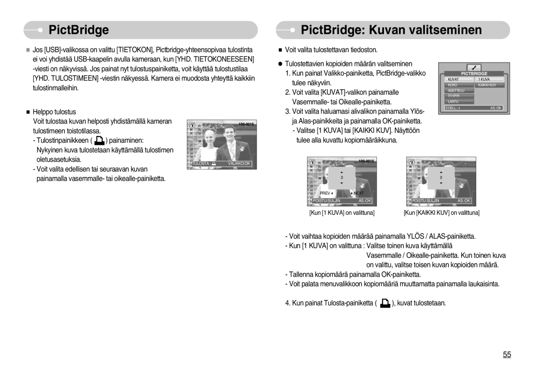 Samsung EC-NV3ZZSBA/DE, EC-NV3ZZBBC/E2, EC-NV3ZZSBA/E1, EC-NV3ZZBBB/E2 manual PictBridge PictBridge Kuvan valitseminen 