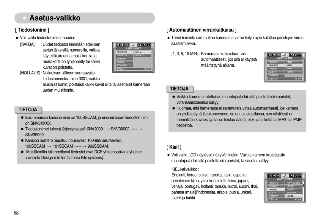 Samsung EC-NV3ZZBBA/FI, EC-NV3ZZBBC/E2 Tiedostonimi, Automaattinen virrankatkaisu, Kieli, 100SSCAM 101SSCAM ~ 999SSCAM 