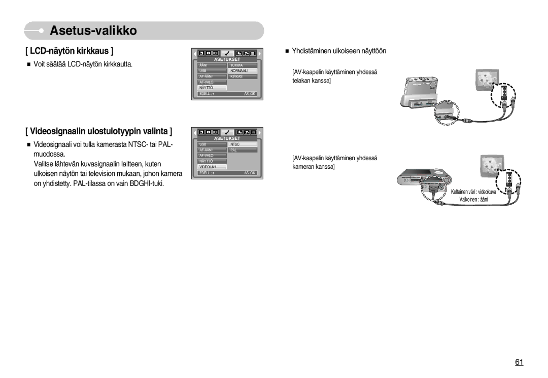 Samsung EC-NV3ZZBBF/E2, EC-NV3ZZBBC/E2, EC-NV3ZZSBA/E1 manual LCD-näytön kirkkaus, Videosignaalin ulostulotyypin valinta 