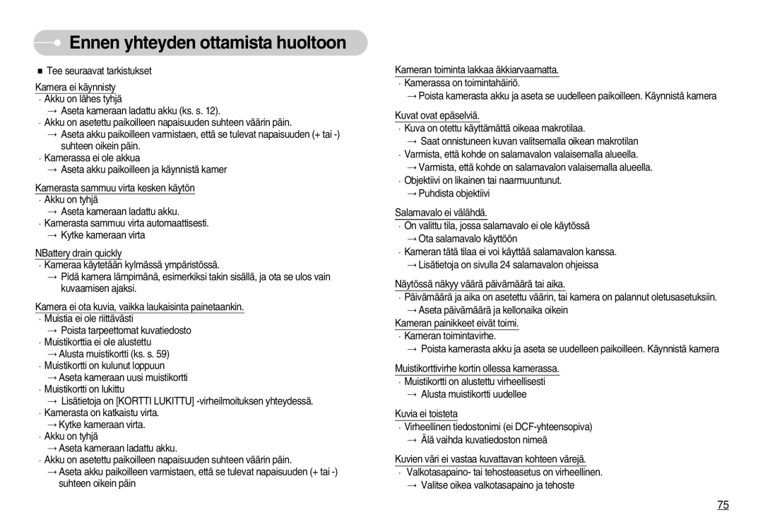 Samsung EC-NV3ZZBBG/E2, EC-NV3ZZBBC/E2, EC-NV3ZZSBA/E1, EC-NV3ZZSBA/DE, EC-NV3ZZBBB/E2 manual Ennen yhteyden ottamista huoltoon 