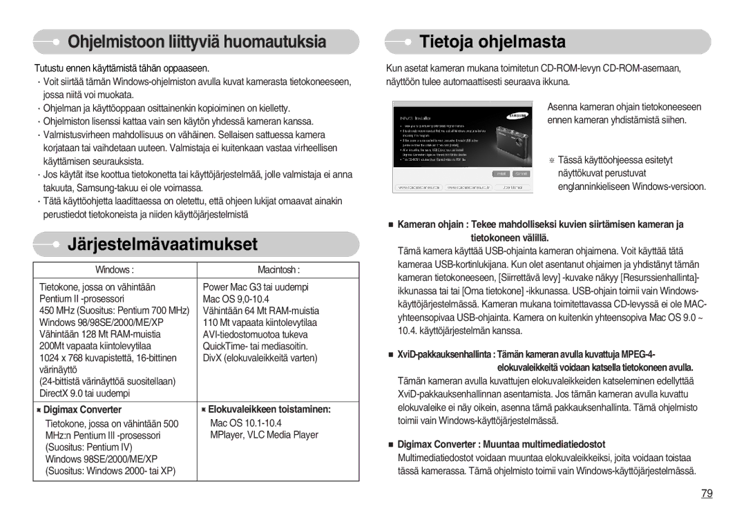 Samsung EC-NV3ZZBBF/E2, EC-NV3ZZBBC/E2, EC-NV3ZZSBA/E1, EC-NV3ZZSBA/DE manual Järjestelmävaatimukset, Tietoja ohjelmasta 