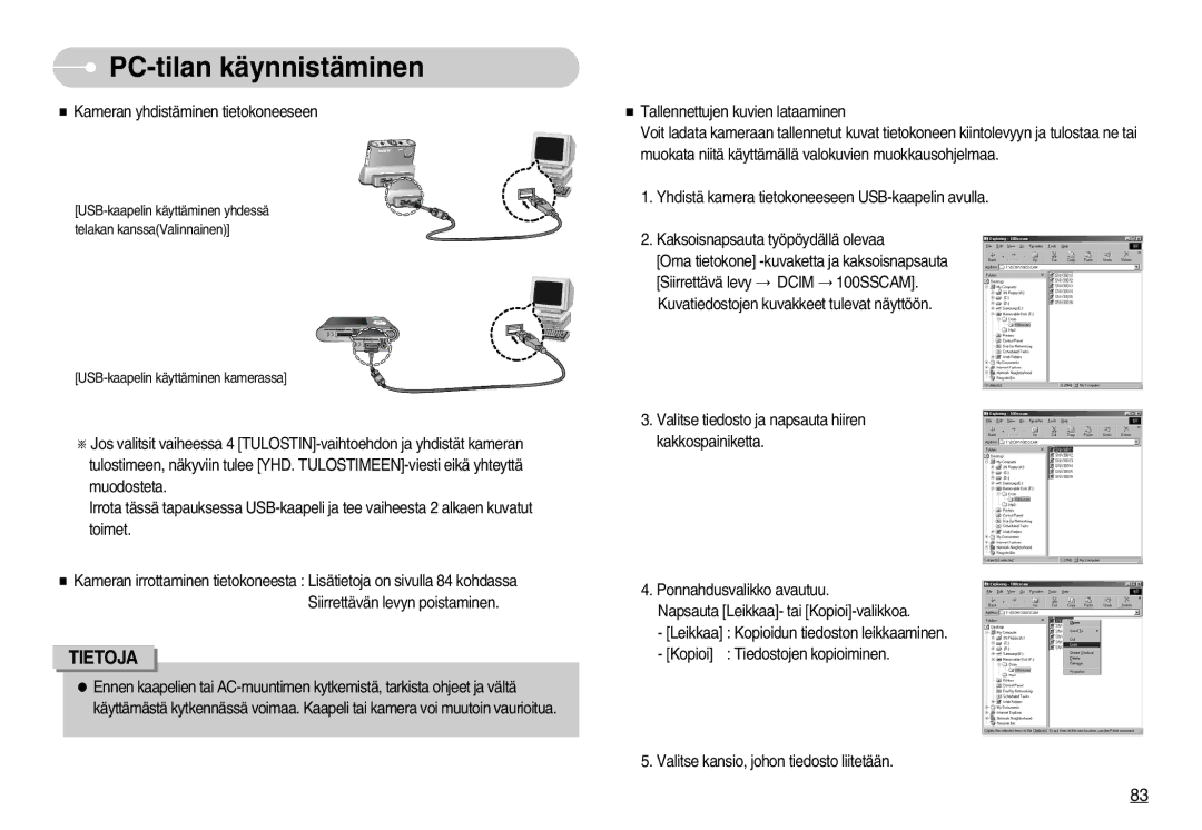 Samsung EC-NV3ZZBBB/E2, EC-NV3ZZBBC/E2, EC-NV3ZZSBA/E1 manual USB-kaapelin käyttäminen yhdessä telakan kanssaValinnainen 