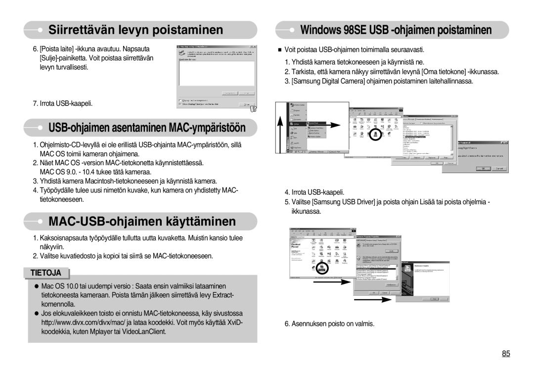 Samsung EC-NV3ZZBBA/FI, EC-NV3ZZBBC/E2 manual MAC-USB-ohjaimen käyttäminen, USB-ohjaimen asentaminen MAC-ympäristöön 