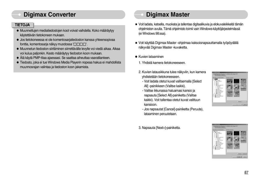 Samsung EC-NV3ZZBBD/E2, EC-NV3ZZBBC/E2, EC-NV3ZZSBA/E1, EC-NV3ZZSBA/DE, EC-NV3ZZBBB/E2, EC-NV3ZZBBG/E2 manual Digimax Master 