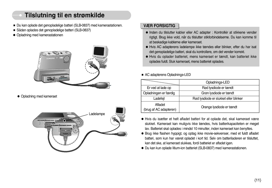 Samsung EC-NV3ZZBBB/E2, EC-NV3ZZBBC/E2, EC-NV3ZZSBA/E1, EC-NV3ZZSBA/DE, EC-NV3ZZBBG/E2 manual Tilslutning til en strømkilde 