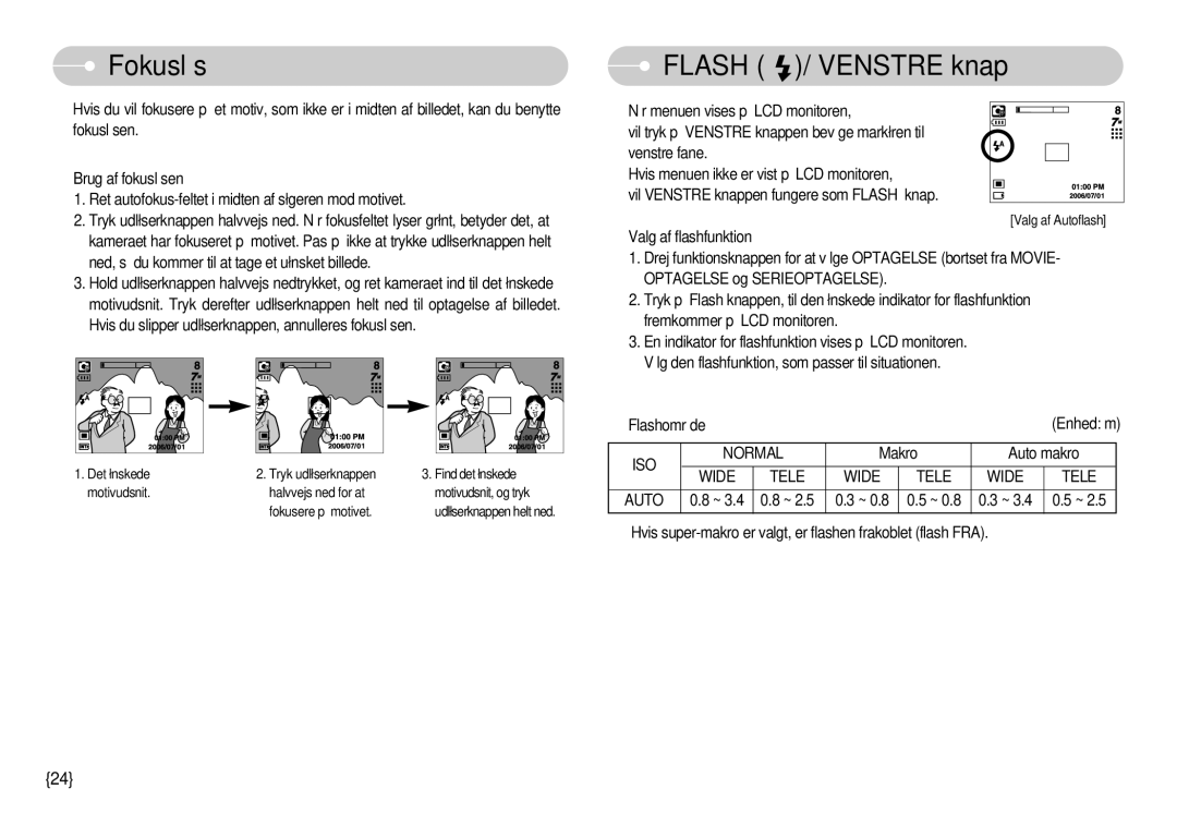 Samsung EC-NV3ZZBBD/E2, EC-NV3ZZBBC/E2, EC-NV3ZZSBA/E1 manual Fokuslås, Flash / Venstre knap, ISO Normal, Wide Tele Auto 